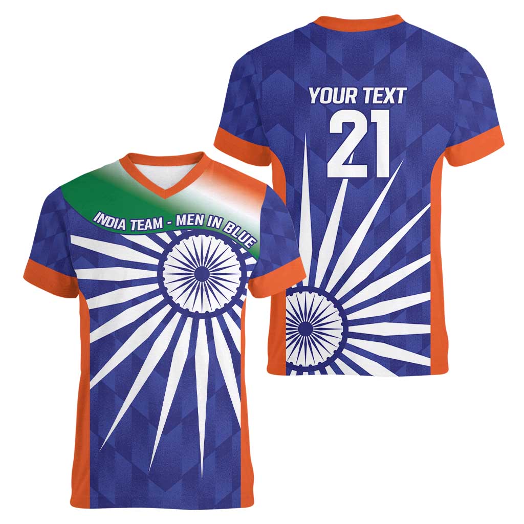 India Cricket Custom Women V-Neck T-Shirt Ashoka Chakra with Flag Style - Wonder Print Shop