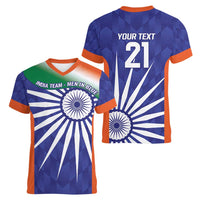 India Cricket Custom Women V-Neck T-Shirt Ashoka Chakra with Flag Style - Wonder Print Shop