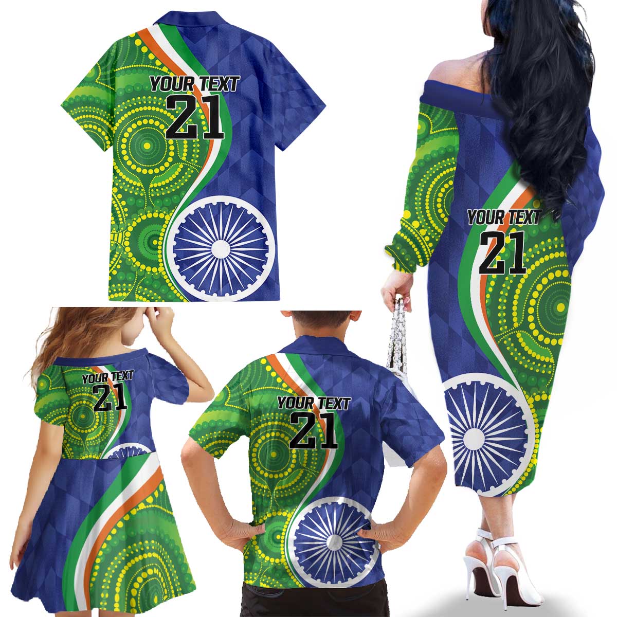 India Vs Australian Cricket Custom Family Matching Off The Shoulder Long Sleeve Dress and Hawaiian Shirt Ashoka Chakra and Aboriginal Together - Wonder Print Shop