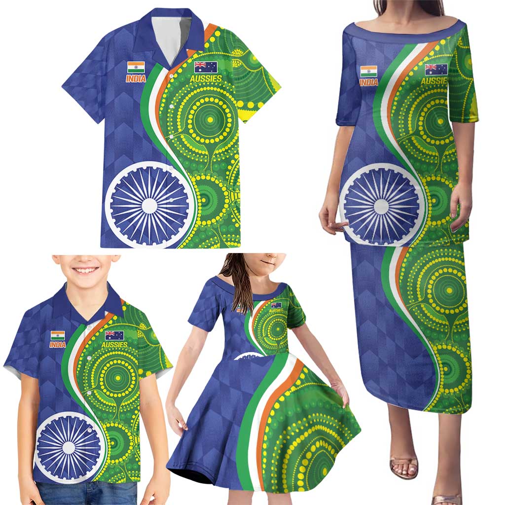 India Vs Australian Cricket Custom Family Matching Puletasi and Hawaiian Shirt Ashoka Chakra and Aboriginal Together - Wonder Print Shop