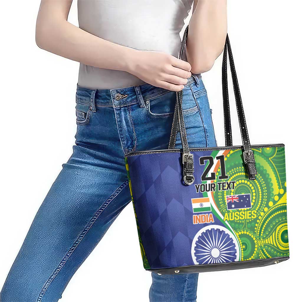 India Vs Australian Cricket Custom Leather Tote Bag Ashoka Chakra and Aboriginal Together - Wonder Print Shop