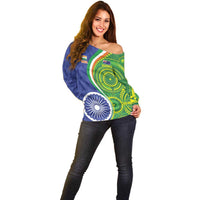 India Vs Australian Cricket Custom Off Shoulder Sweater Ashoka Chakra and Aboriginal Together - Wonder Print Shop