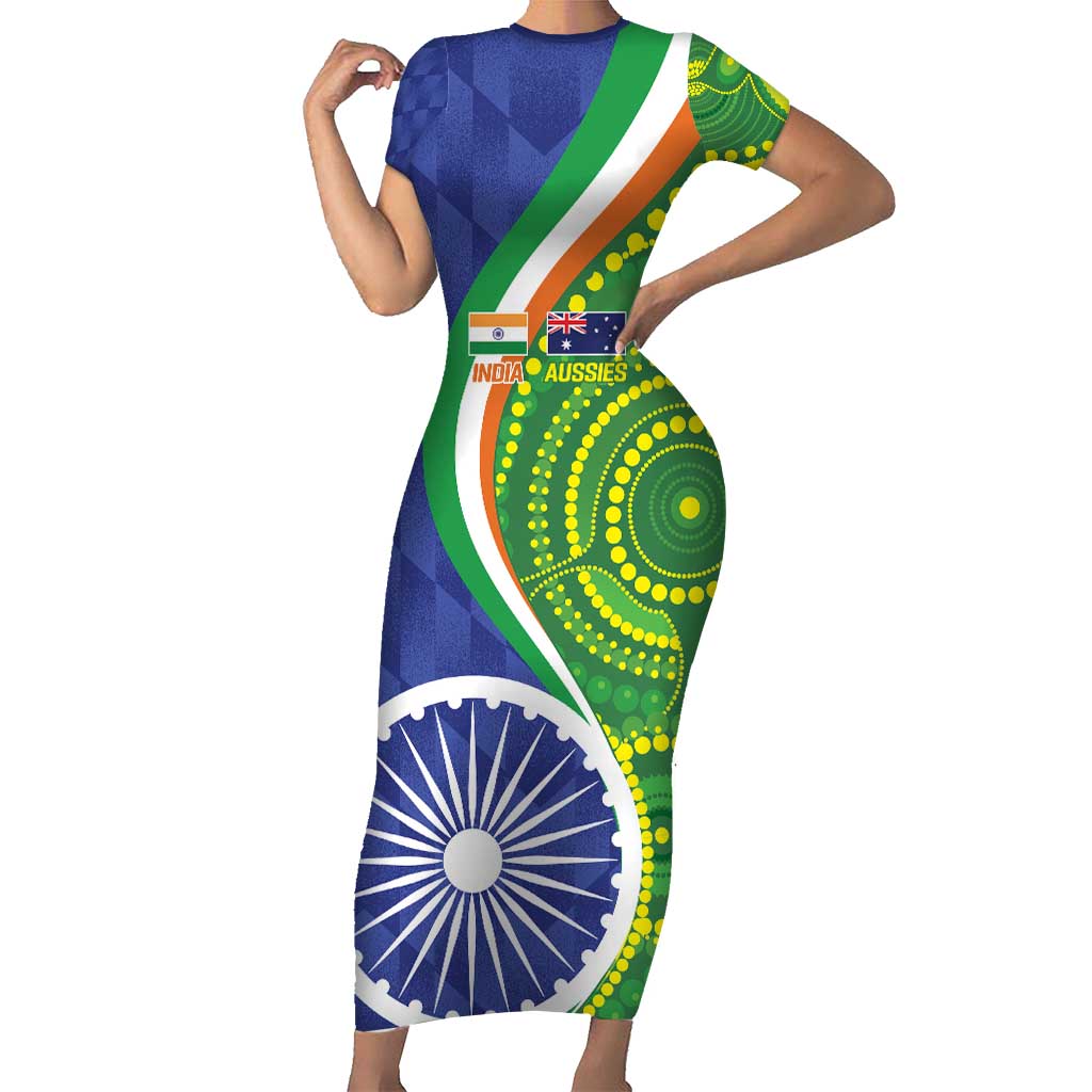 India Vs Australian Cricket Custom Short Sleeve Bodycon Dress Ashoka Chakra and Aboriginal Together - Wonder Print Shop