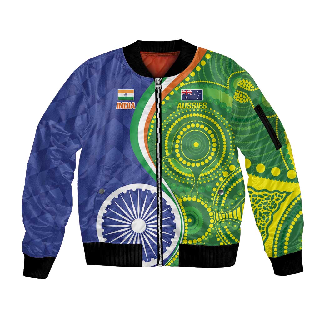 India Vs Australian Cricket Custom Sleeve Zip Bomber Jacket Ashoka Chakra and Aboriginal Together - Wonder Print Shop