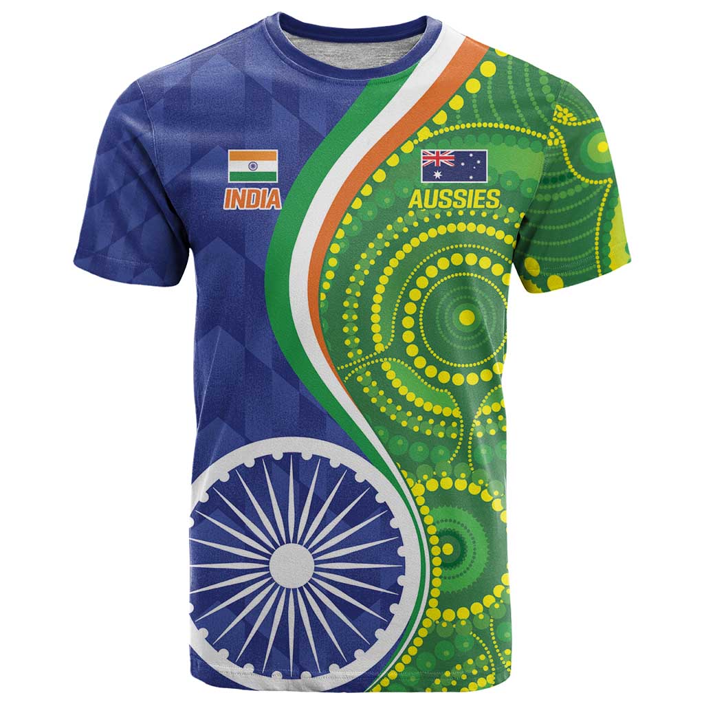 India Vs Australian Cricket Custom T Shirt Ashoka Chakra and Aboriginal Together - Wonder Print Shop