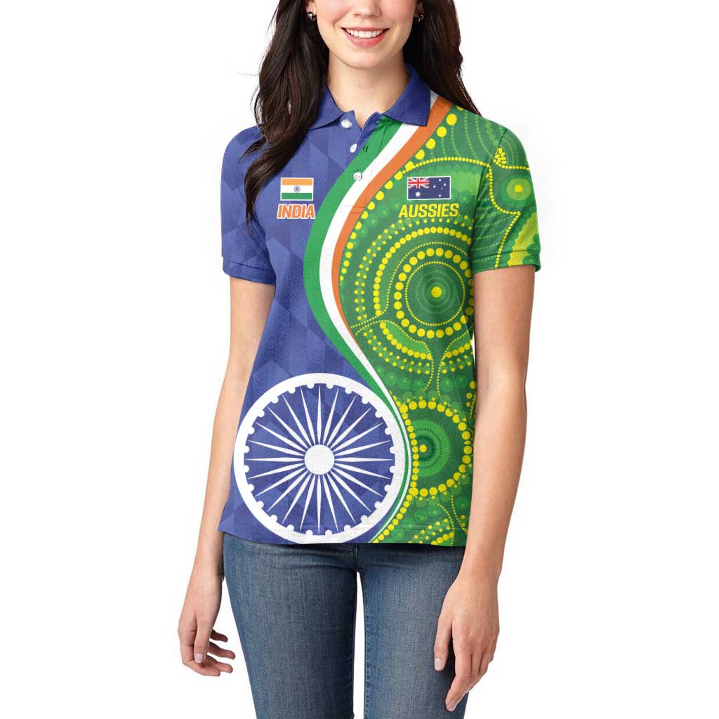 India Vs Australian Cricket Custom Women Polo Shirt Ashoka Chakra and Aboriginal Together - Wonder Print Shop