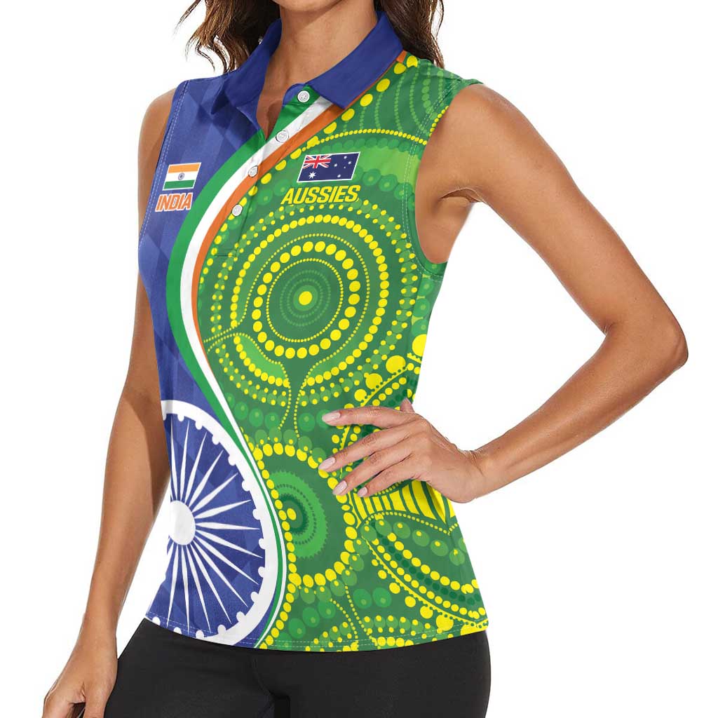 India Vs Australian Cricket Custom Women Sleeveless Polo Shirt Ashoka Chakra and Aboriginal Together - Wonder Print Shop