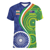India Vs Australian Cricket Custom Women V-Neck T-Shirt Ashoka Chakra and Aboriginal Together - Wonder Print Shop