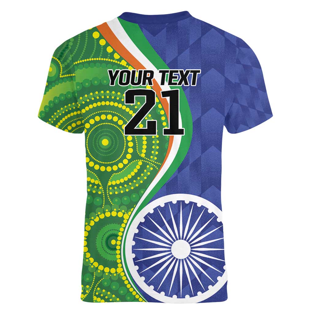 India Vs Australian Cricket Custom Women V-Neck T-Shirt Ashoka Chakra and Aboriginal Together - Wonder Print Shop