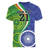 India Vs Australian Cricket Custom Women V-Neck T-Shirt Ashoka Chakra and Aboriginal Together - Wonder Print Shop