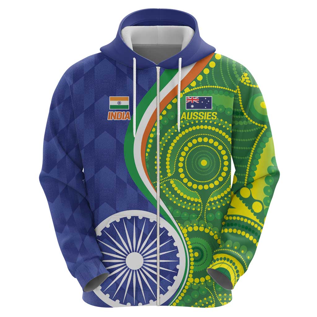 India Vs Australian Cricket Custom Zip Hoodie Ashoka Chakra and Aboriginal Together - Wonder Print Shop