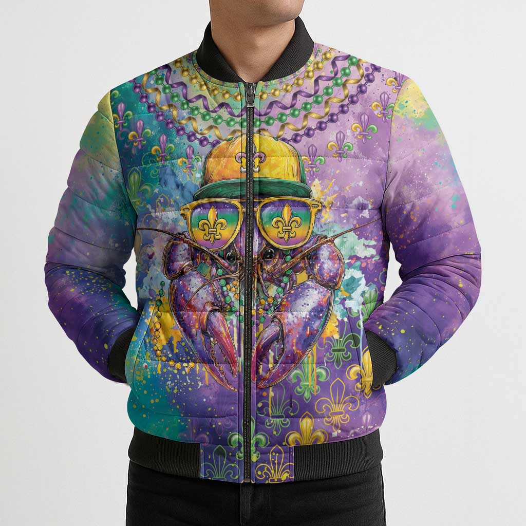 Mardi Gras Crawfish Personalized Bomber Puffer Jacket NOLA Fat Tuesday Drip Art - Wonder Print Shop