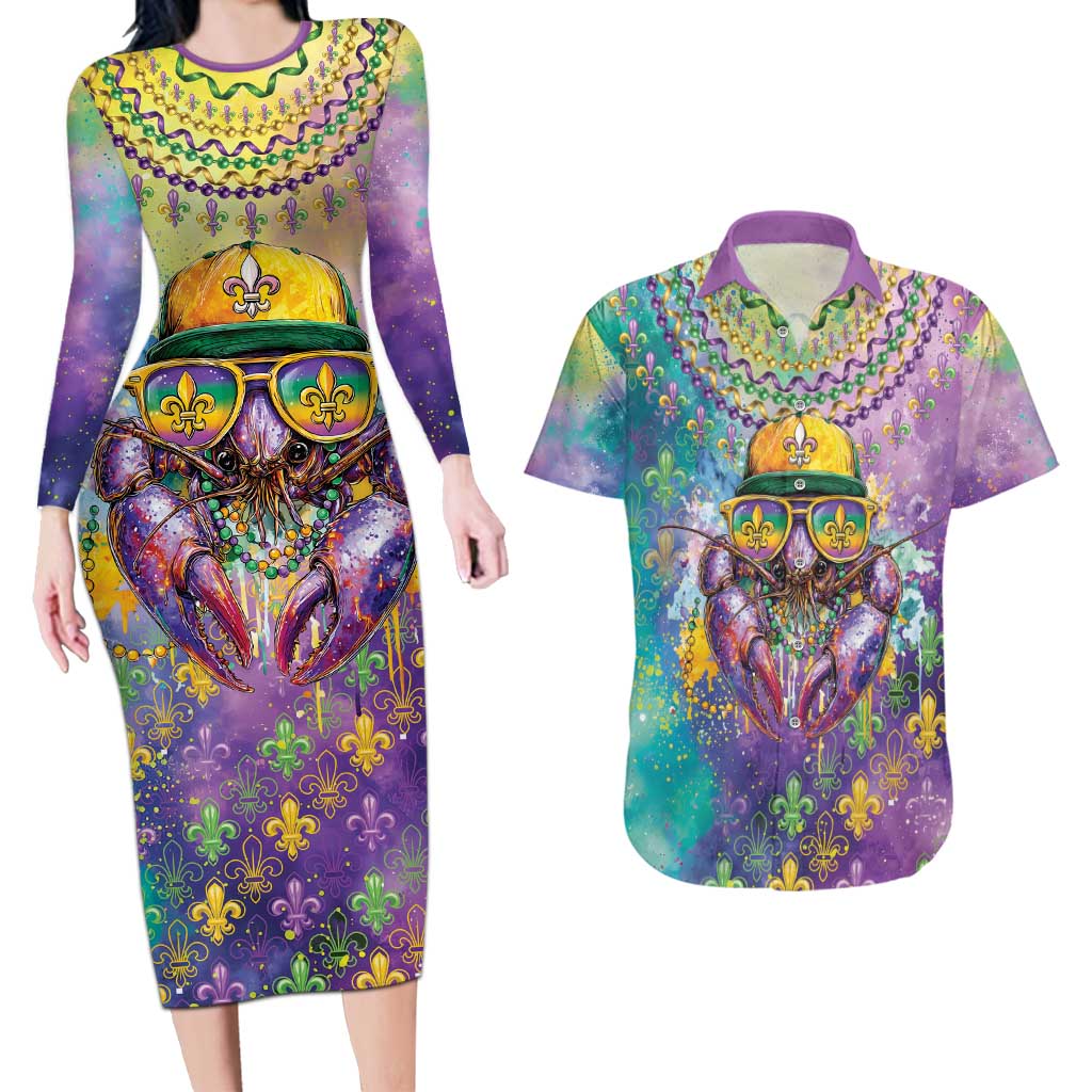 Mardi Gras Crawfish Personalized Couples Matching Long Sleeve Bodycon Dress and Hawaiian Shirt NOLA Fat Tuesday Drip Art - Wonder Print Shop