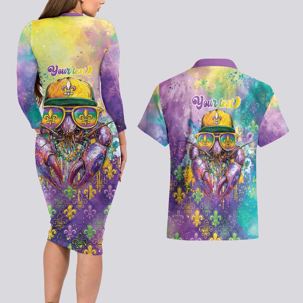 Mardi Gras Crawfish Personalized Couples Matching Long Sleeve Bodycon Dress and Hawaiian Shirt NOLA Fat Tuesday Drip Art - Wonder Print Shop