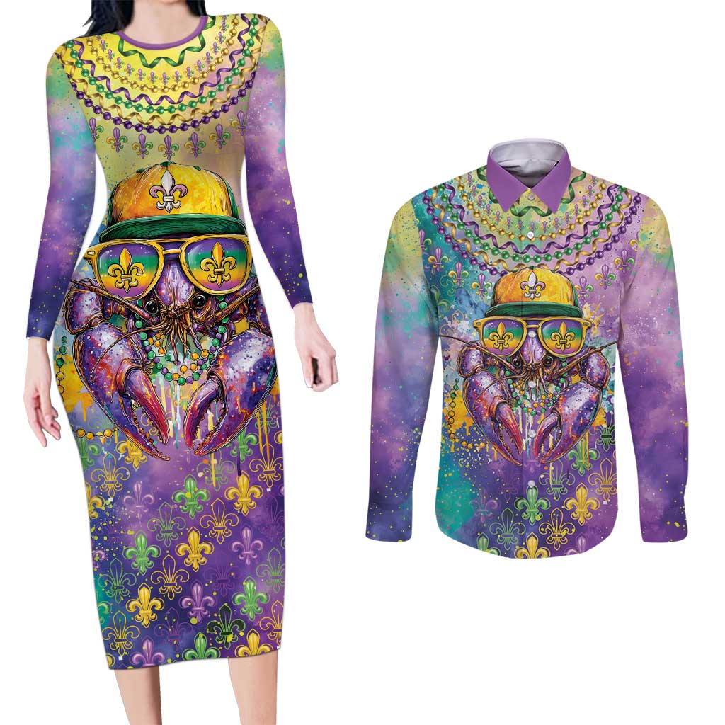 Mardi Gras Crawfish Personalized Couples Matching Long Sleeve Bodycon Dress and Long Sleeve Button Shirt NOLA Fat Tuesday Drip Art - Wonder Print Shop