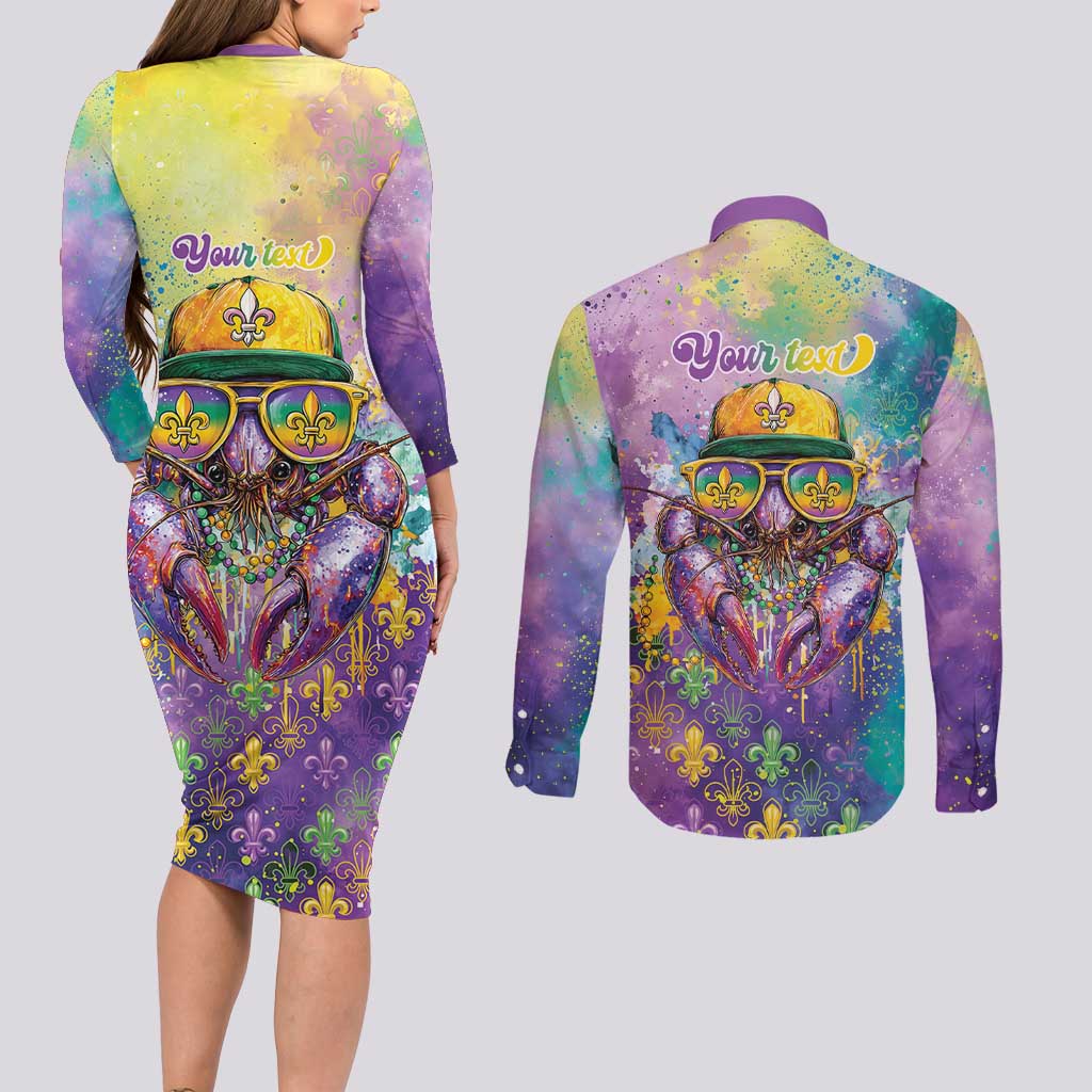 Mardi Gras Crawfish Personalized Couples Matching Long Sleeve Bodycon Dress and Long Sleeve Button Shirt NOLA Fat Tuesday Drip Art - Wonder Print Shop