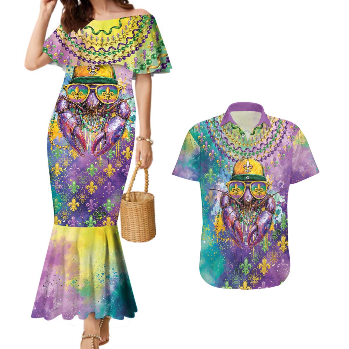 Mardi Gras Crawfish Personalized Couples Matching Mermaid Dress and Hawaiian Shirt NOLA Fat Tuesday Drip Art - Wonder Print Shop