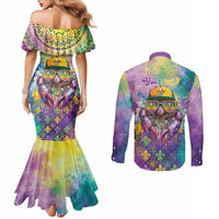 Mardi Gras Crawfish Personalized Couples Matching Mermaid Dress and Long Sleeve Button Shirt NOLA Fat Tuesday Drip Art - Wonder Print Shop