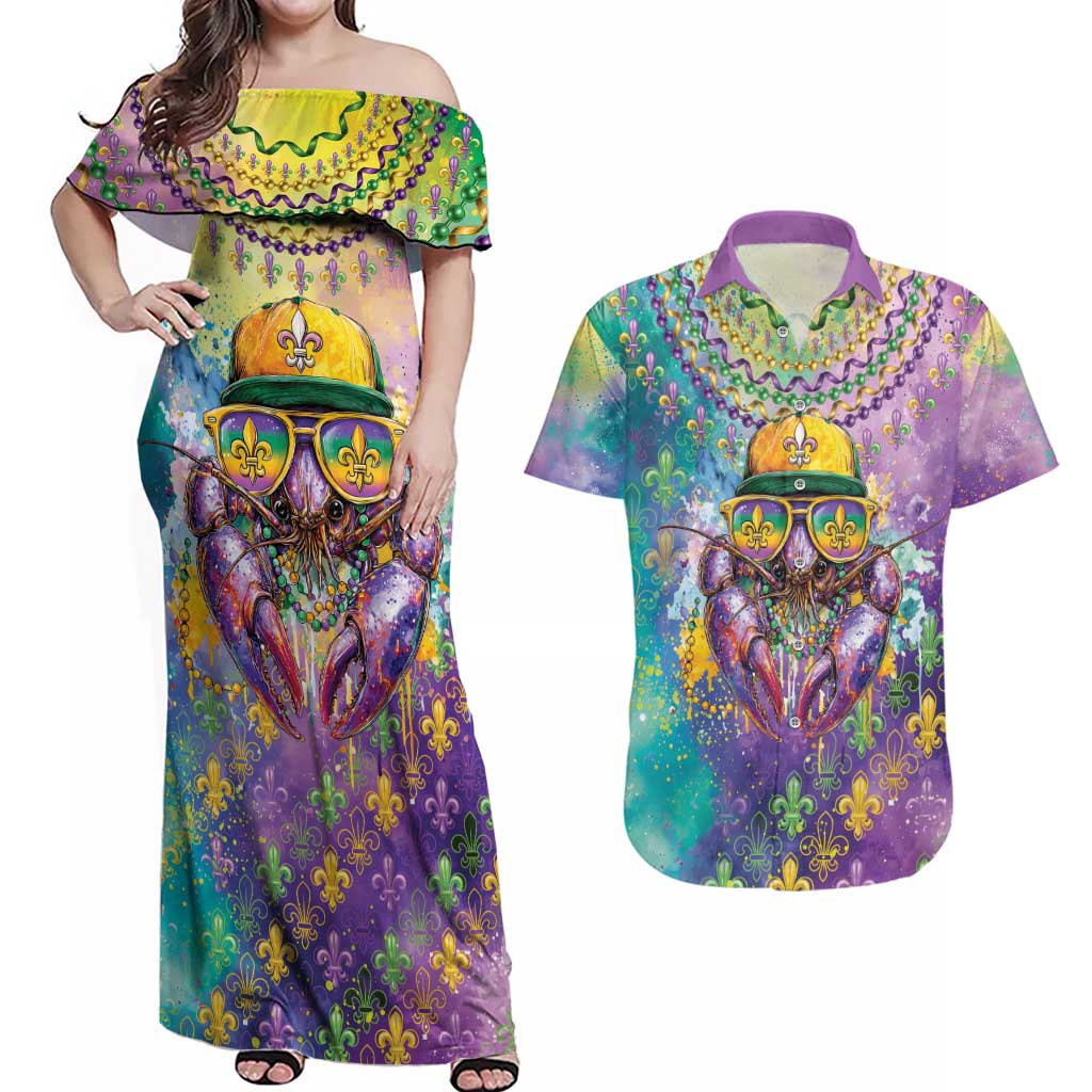 Mardi Gras Crawfish Personalized Couples Matching Off Shoulder Maxi Dress and Hawaiian Shirt NOLA Fat Tuesday Drip Art - Wonder Print Shop