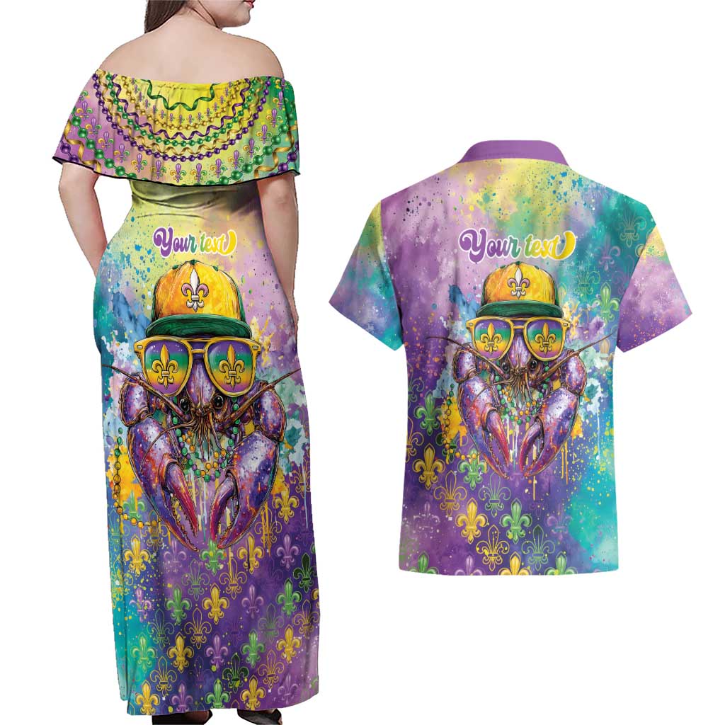 Mardi Gras Crawfish Personalized Couples Matching Off Shoulder Maxi Dress and Hawaiian Shirt NOLA Fat Tuesday Drip Art - Wonder Print Shop