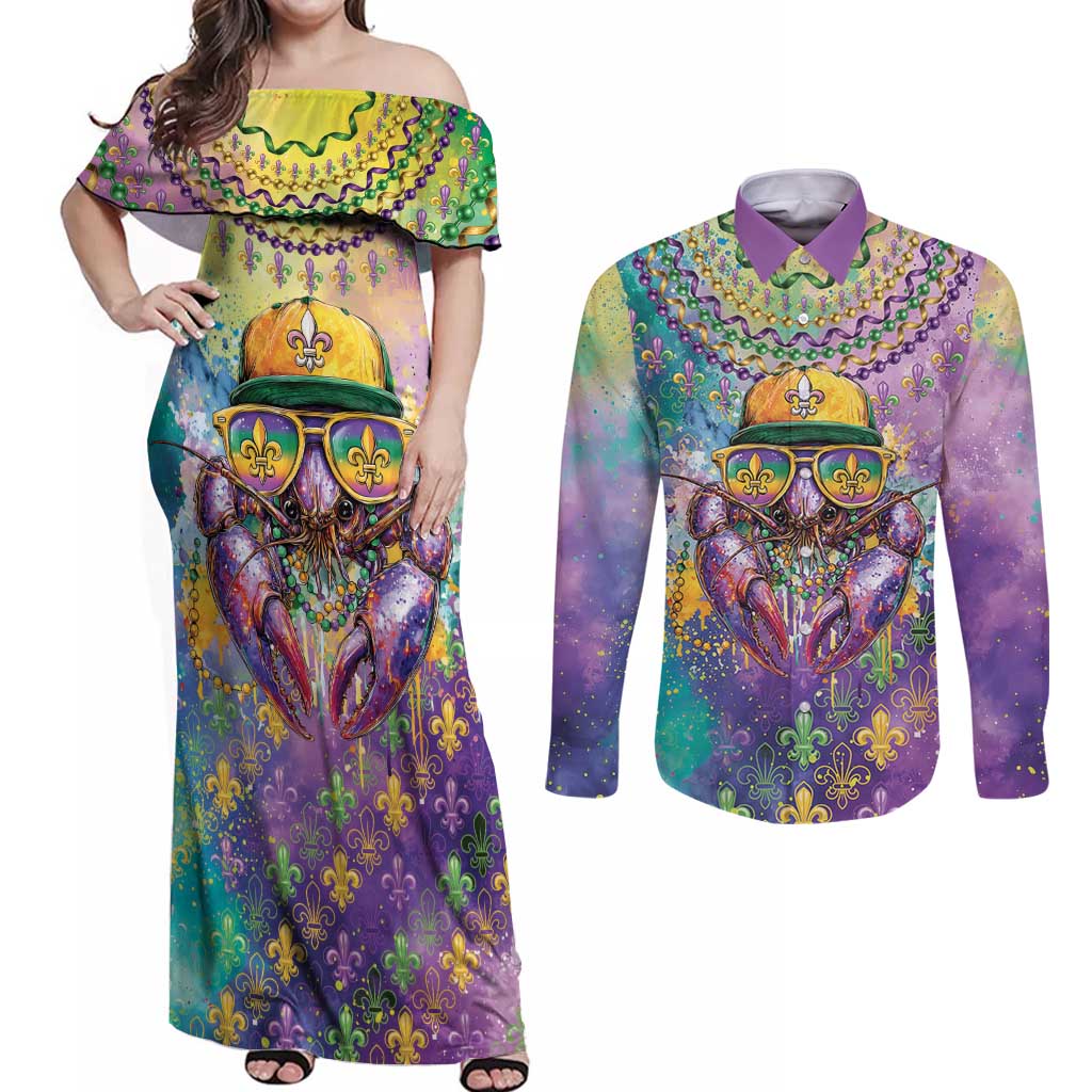 Mardi Gras Crawfish Personalized Couples Matching Off Shoulder Maxi Dress and Long Sleeve Button Shirt NOLA Fat Tuesday Drip Art - Wonder Print Shop