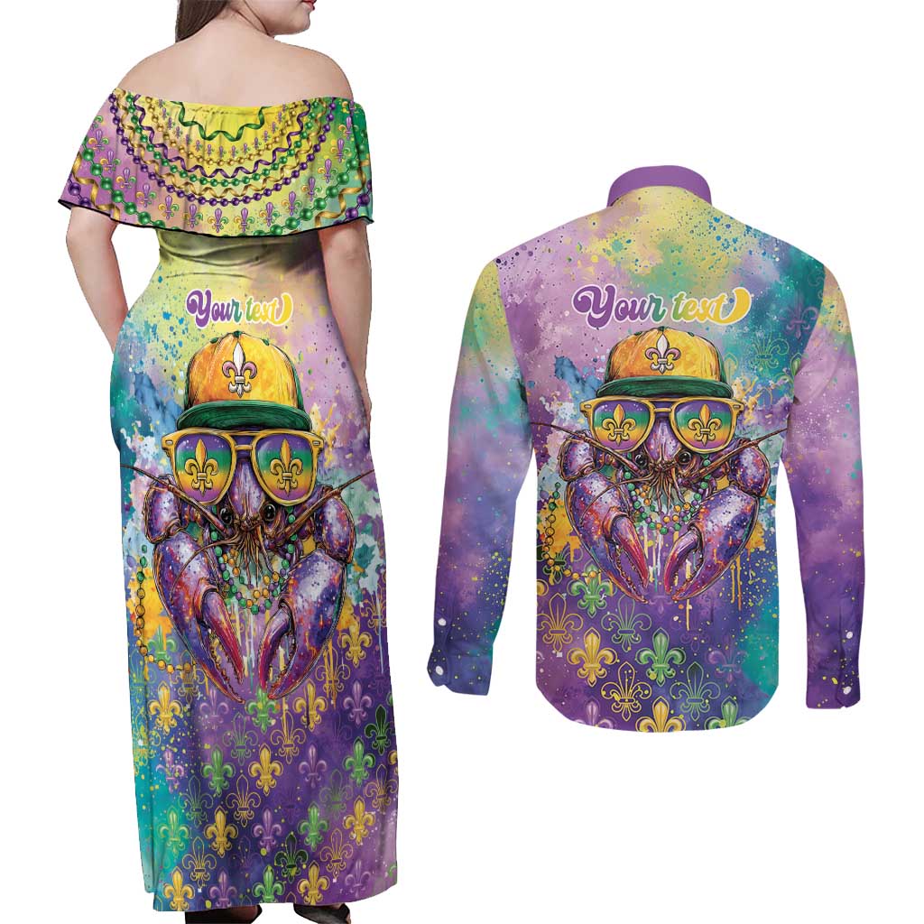Mardi Gras Crawfish Personalized Couples Matching Off Shoulder Maxi Dress and Long Sleeve Button Shirt NOLA Fat Tuesday Drip Art - Wonder Print Shop