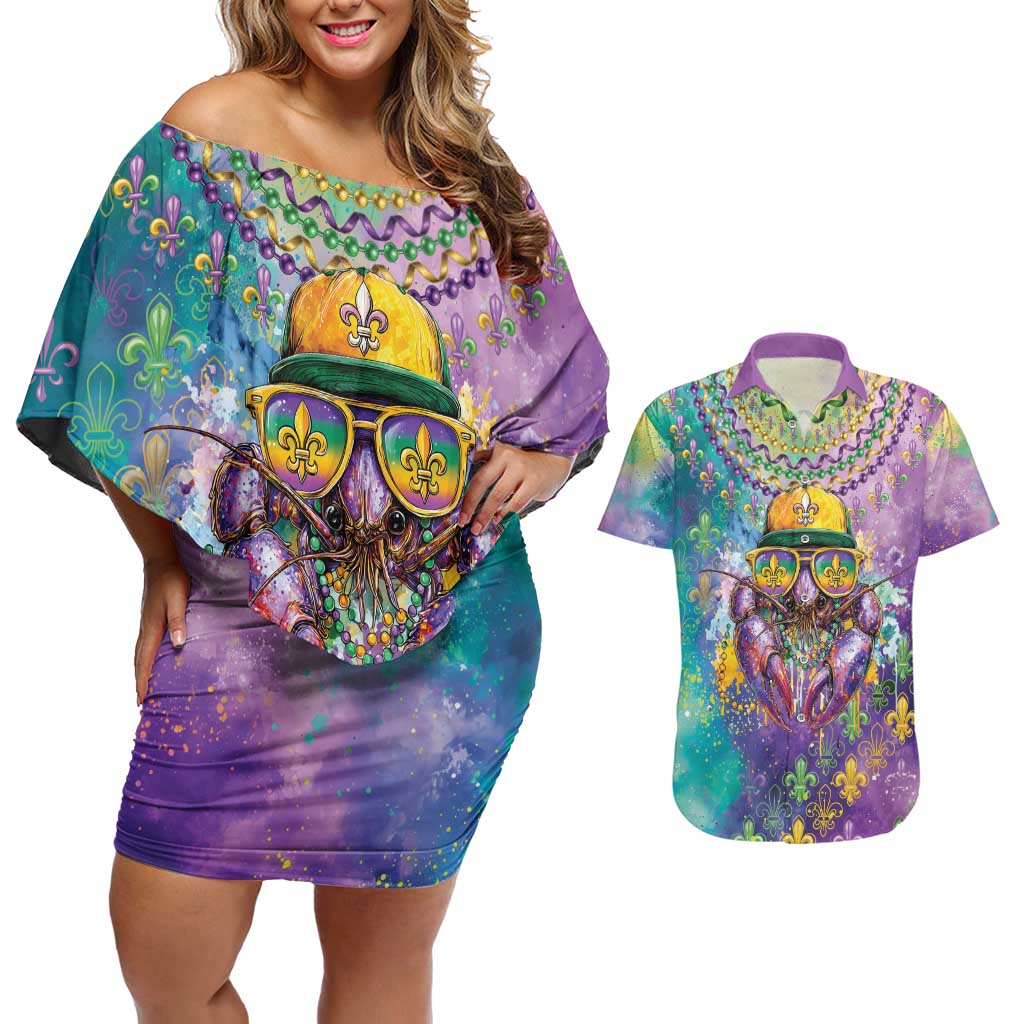 Mardi Gras Crawfish Personalized Couples Matching Off Shoulder Short Dress and Hawaiian Shirt NOLA Fat Tuesday Drip Art - Wonder Print Shop