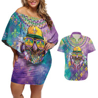 Mardi Gras Crawfish Personalized Couples Matching Off Shoulder Short Dress and Hawaiian Shirt NOLA Fat Tuesday Drip Art - Wonder Print Shop