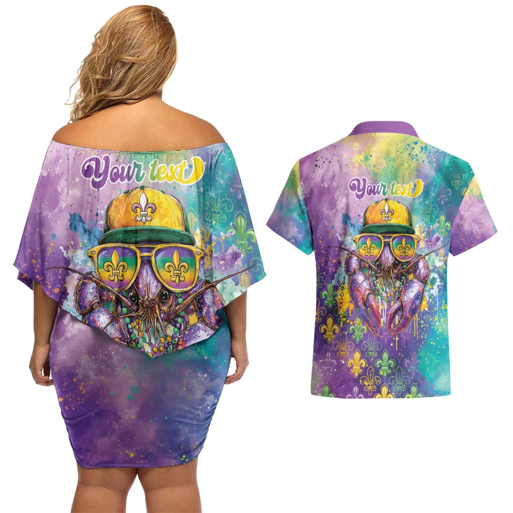Mardi Gras Crawfish Personalized Couples Matching Off Shoulder Short Dress and Hawaiian Shirt NOLA Fat Tuesday Drip Art - Wonder Print Shop