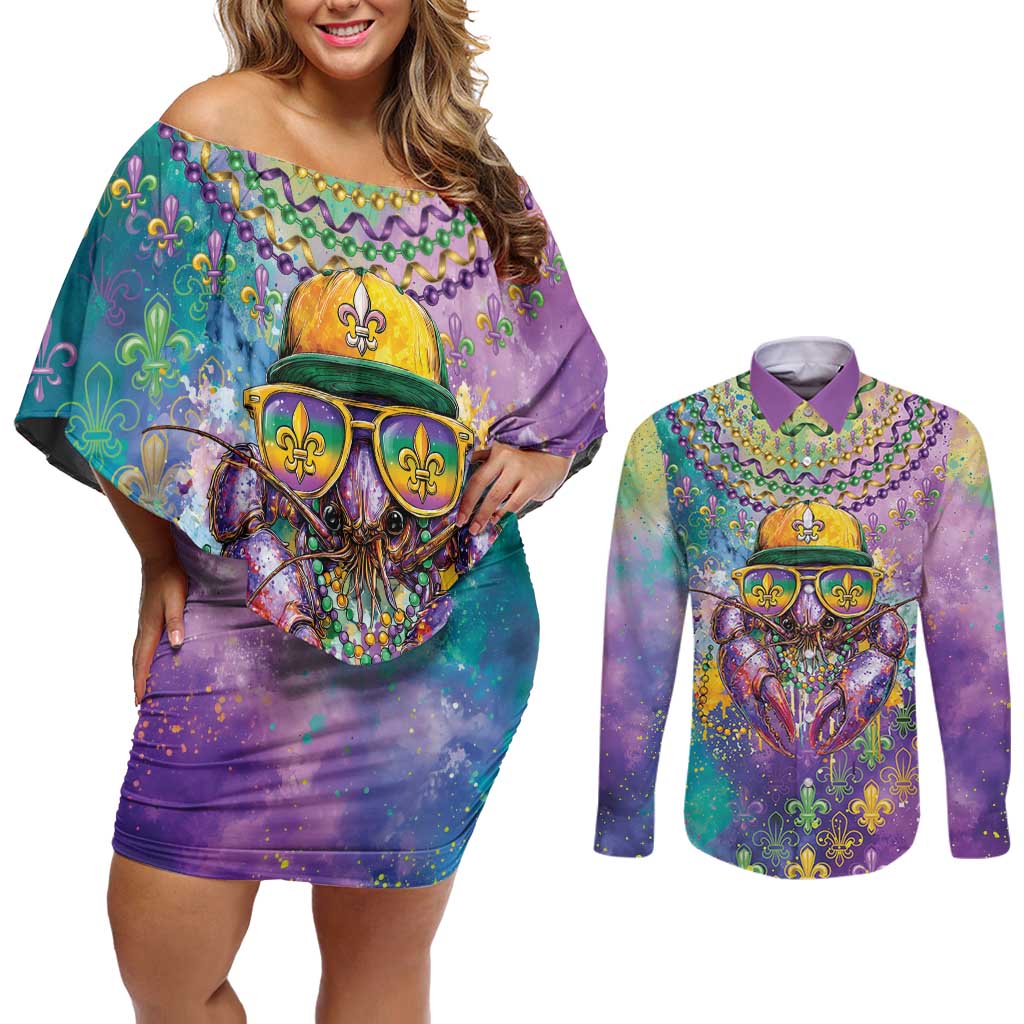 Mardi Gras Crawfish Personalized Couples Matching Off Shoulder Short Dress and Long Sleeve Button Shirt NOLA Fat Tuesday Drip Art - Wonder Print Shop