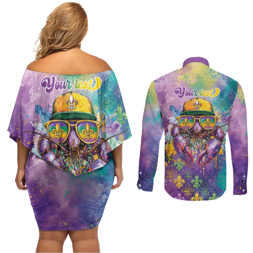 Mardi Gras Crawfish Personalized Couples Matching Off Shoulder Short Dress and Long Sleeve Button Shirt NOLA Fat Tuesday Drip Art - Wonder Print Shop