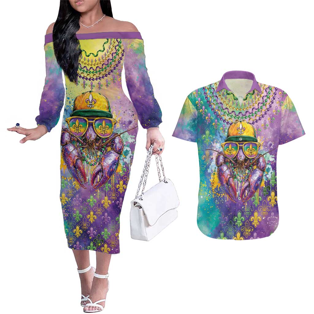 Mardi Gras Crawfish Personalized Couples Matching Off The Shoulder Long Sleeve Dress and Hawaiian Shirt NOLA Fat Tuesday Drip Art - Wonder Print Shop