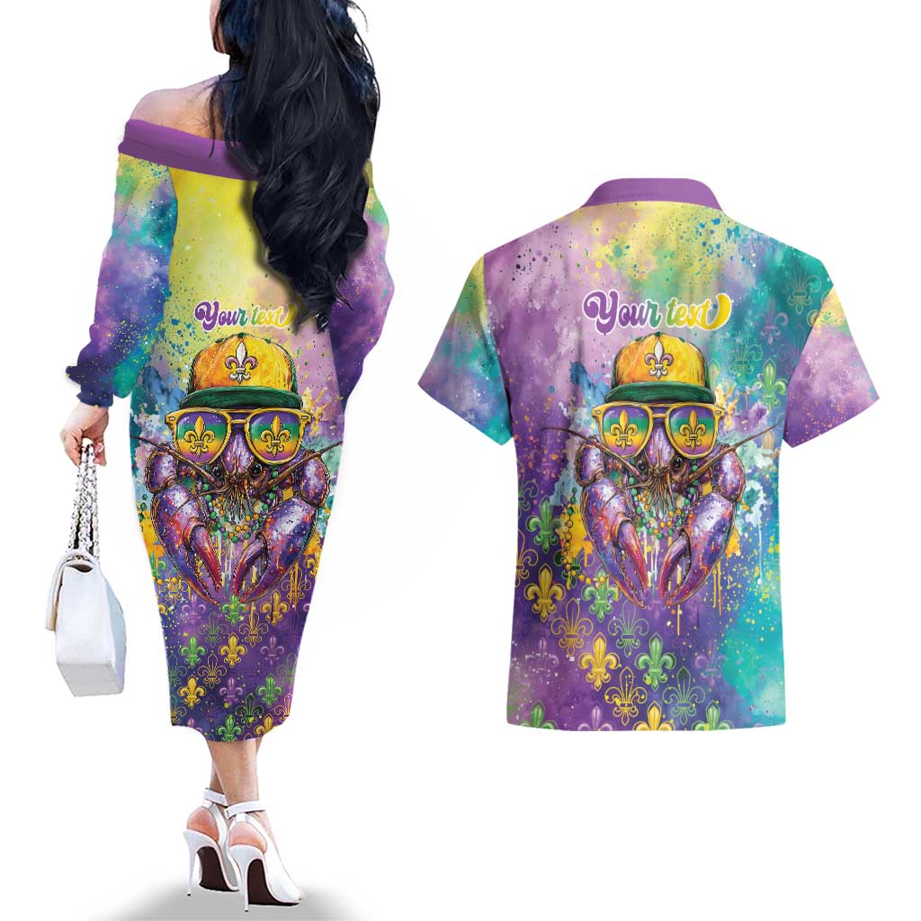 Mardi Gras Crawfish Personalized Couples Matching Off The Shoulder Long Sleeve Dress and Hawaiian Shirt NOLA Fat Tuesday Drip Art - Wonder Print Shop