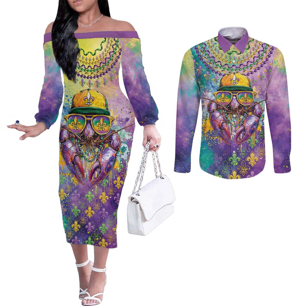 Mardi Gras Crawfish Personalized Couples Matching Off The Shoulder Long Sleeve Dress and Long Sleeve Button Shirt NOLA Fat Tuesday Drip Art - Wonder Print Shop