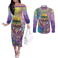 Mardi Gras Crawfish Personalized Couples Matching Off The Shoulder Long Sleeve Dress and Long Sleeve Button Shirt NOLA Fat Tuesday Drip Art - Wonder Print Shop