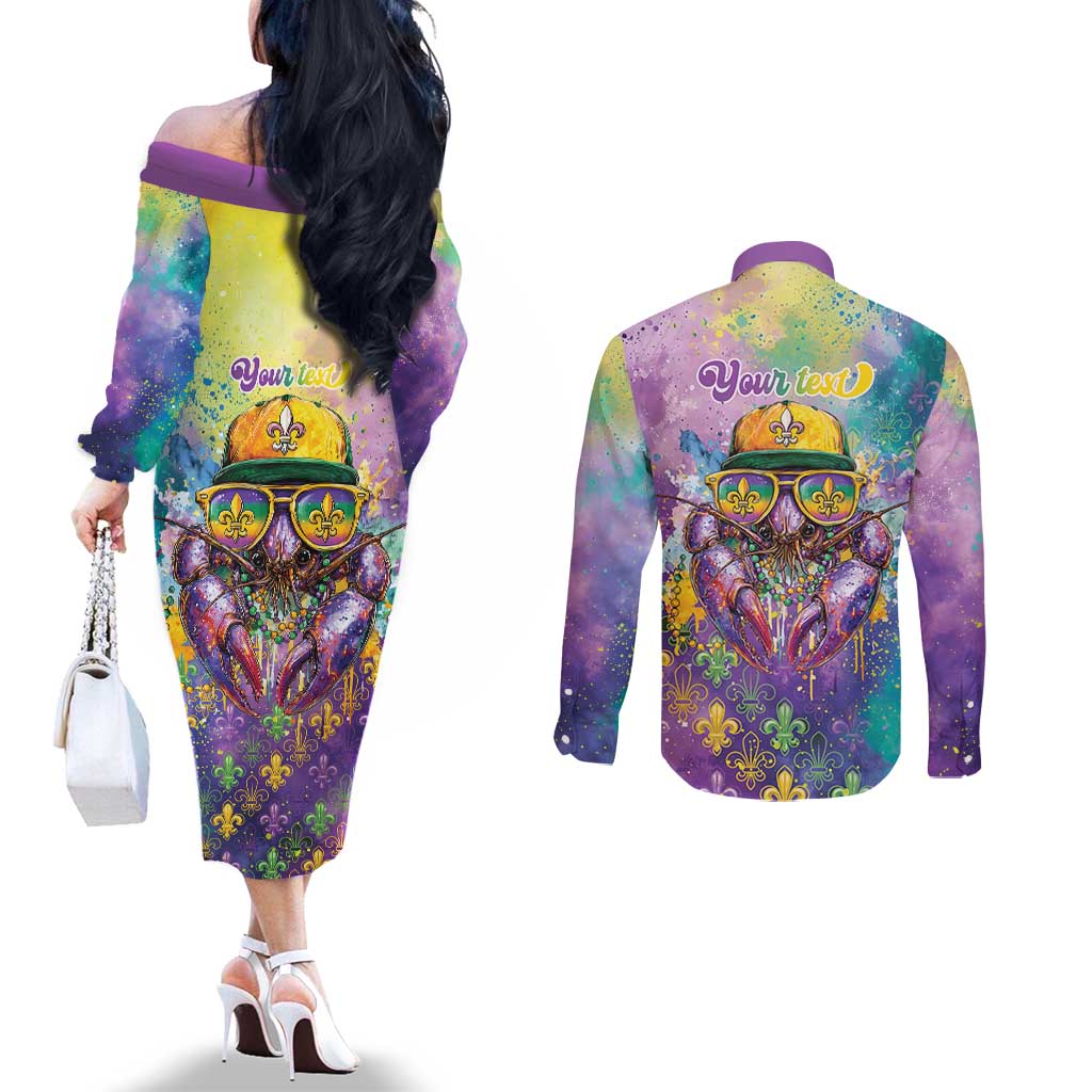 Mardi Gras Crawfish Personalized Couples Matching Off The Shoulder Long Sleeve Dress and Long Sleeve Button Shirt NOLA Fat Tuesday Drip Art - Wonder Print Shop