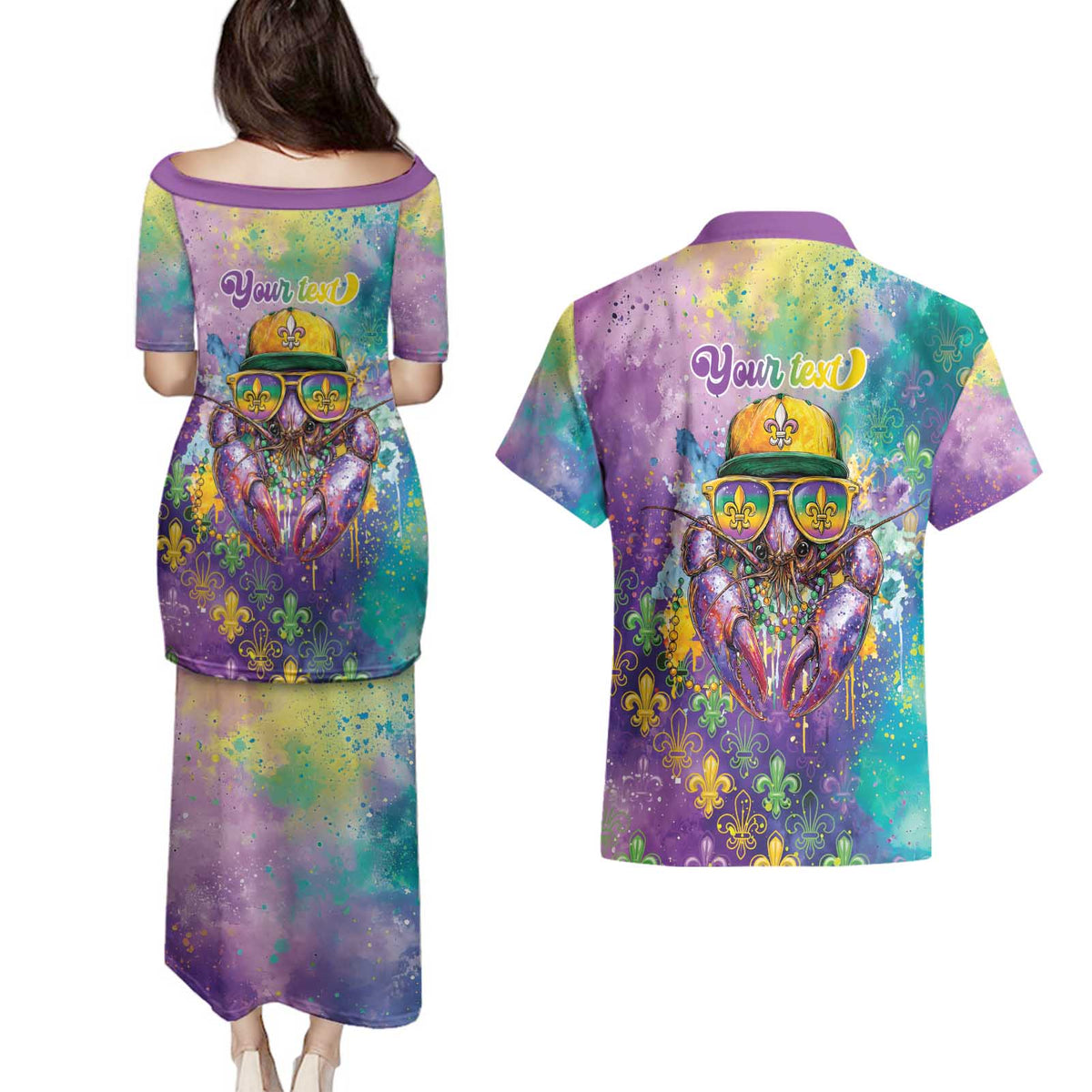 Mardi Gras Crawfish Personalized Couples Matching Puletasi and Hawaiian Shirt NOLA Fat Tuesday Drip Art - Wonder Print Shop