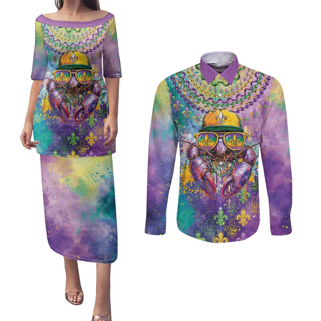 Mardi Gras Crawfish Personalized Couples Matching Puletasi and Long Sleeve Button Shirt NOLA Fat Tuesday Drip Art - Wonder Print Shop