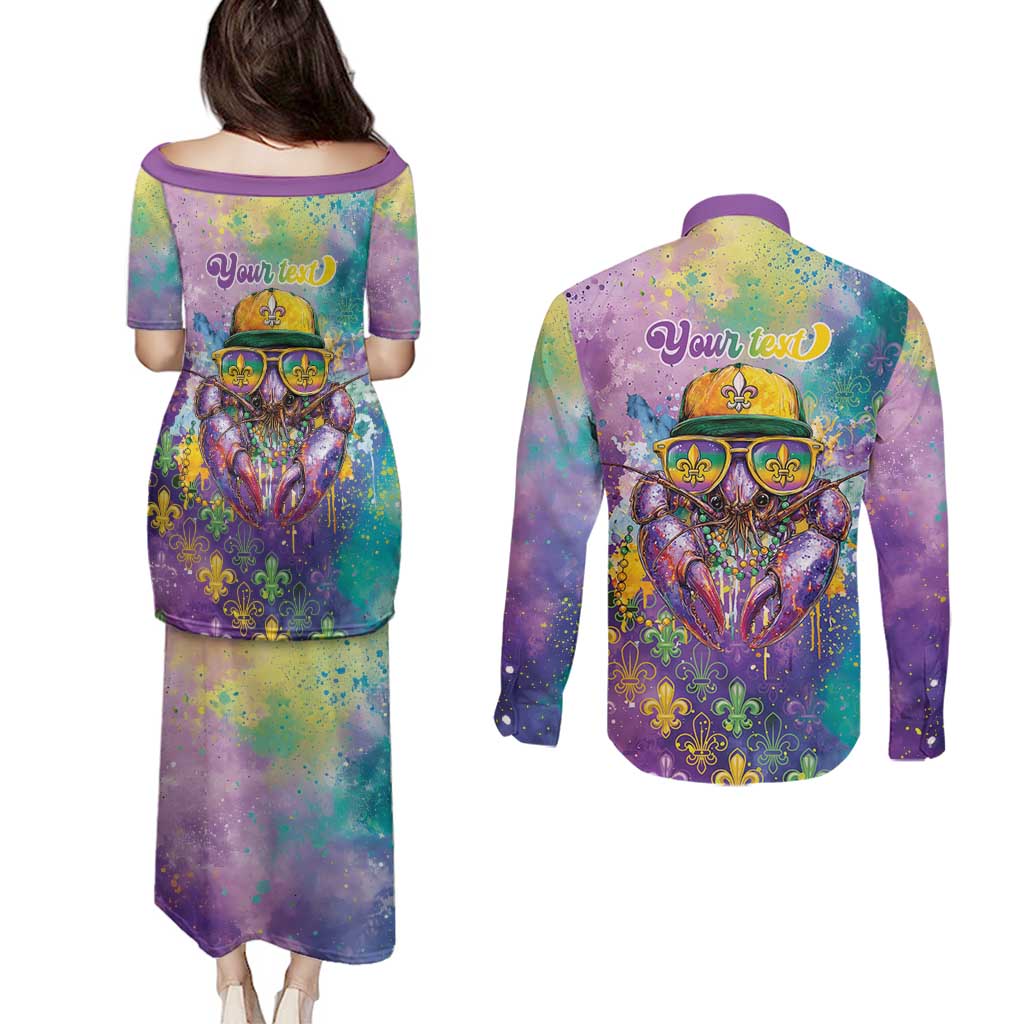 Mardi Gras Crawfish Personalized Couples Matching Puletasi and Long Sleeve Button Shirt NOLA Fat Tuesday Drip Art - Wonder Print Shop