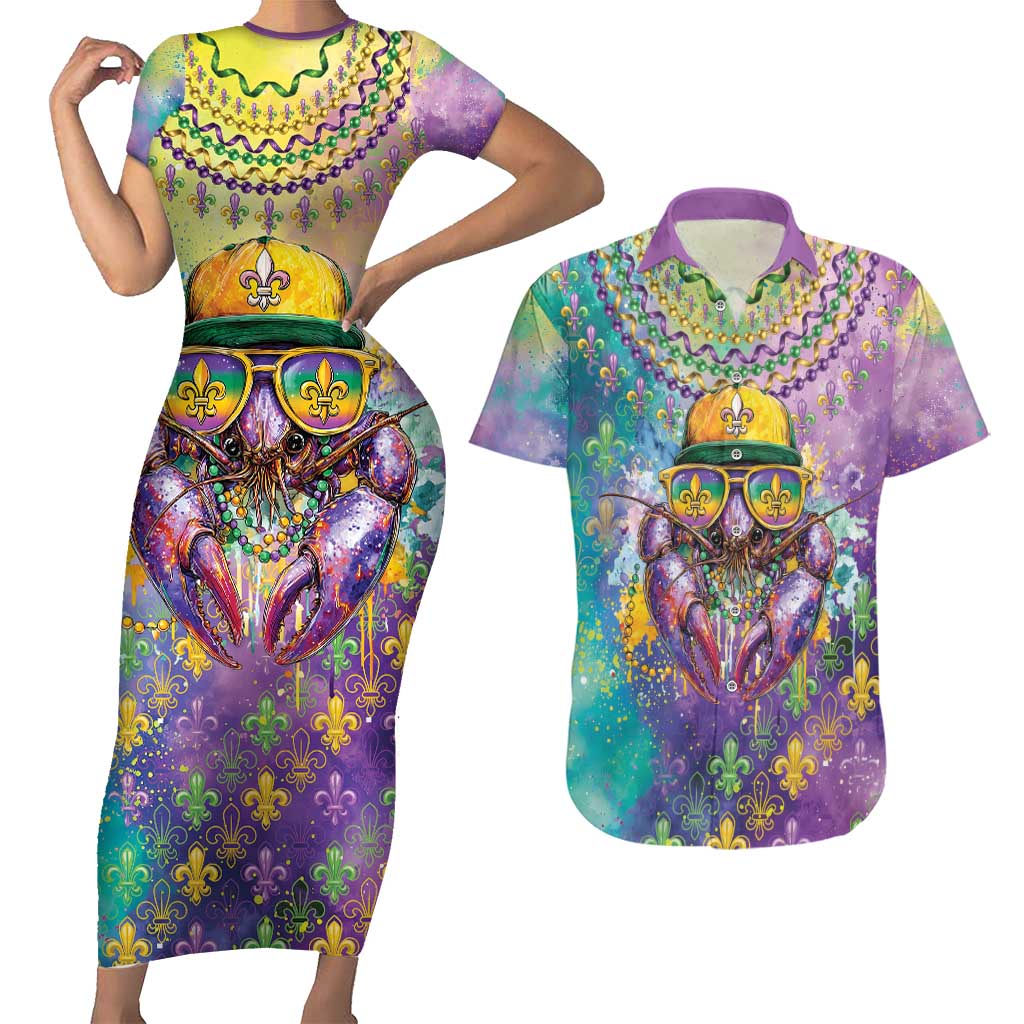 Mardi Gras Crawfish Personalized Couples Matching Short Sleeve Bodycon Dress and Hawaiian Shirt NOLA Fat Tuesday Drip Art - Wonder Print Shop