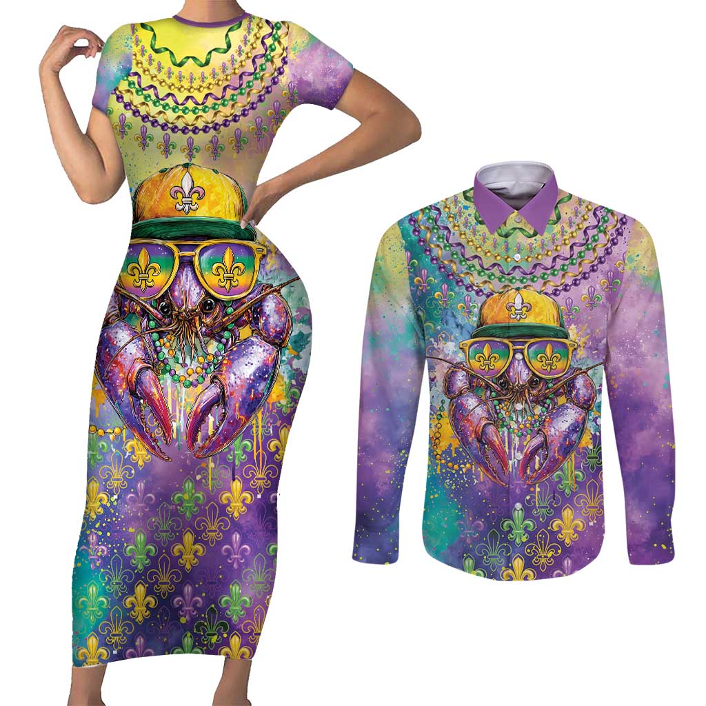 Mardi Gras Crawfish Personalized Couples Matching Short Sleeve Bodycon Dress and Long Sleeve Button Shirt NOLA Fat Tuesday Drip Art - Wonder Print Shop