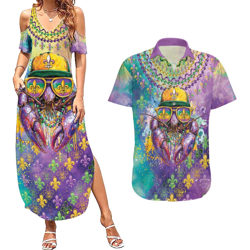Mardi Gras Crawfish Personalized Couples Matching Summer Maxi Dress and Hawaiian Shirt NOLA Fat Tuesday Drip Art - Wonder Print Shop