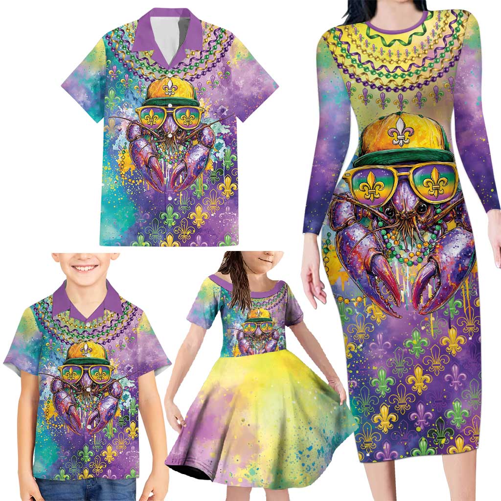 Mardi Gras Crawfish Personalized Family Matching Long Sleeve Bodycon Dress and Hawaiian Shirt NOLA Fat Tuesday Drip Art - Wonder Print Shop