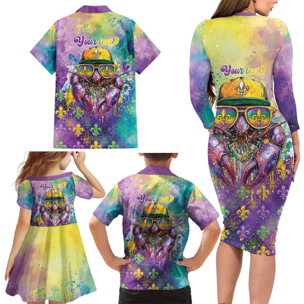 Mardi Gras Crawfish Personalized Family Matching Long Sleeve Bodycon Dress and Hawaiian Shirt NOLA Fat Tuesday Drip Art - Wonder Print Shop