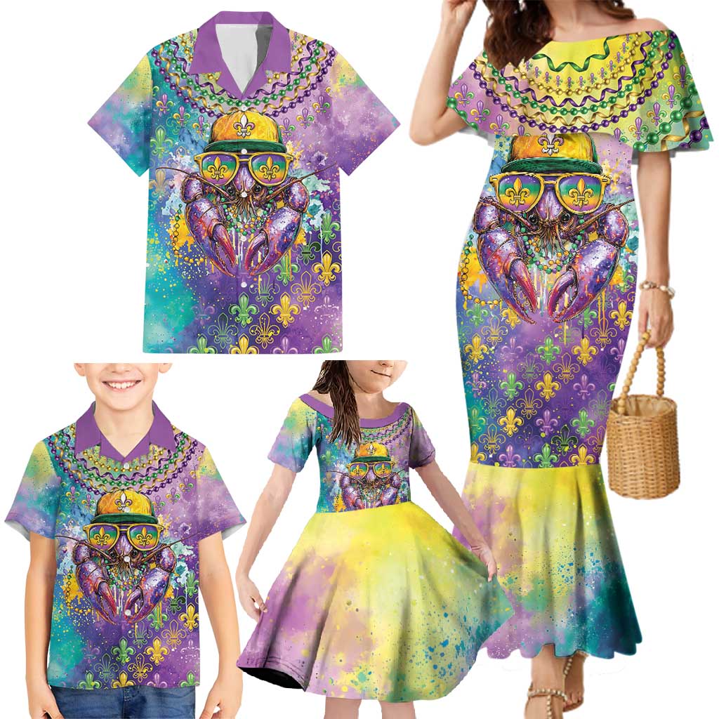 Mardi Gras Crawfish Personalized Family Matching Mermaid Dress and Hawaiian Shirt NOLA Fat Tuesday Drip Art - Wonder Print Shop