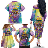 Mardi Gras Crawfish Personalized Family Matching Off The Shoulder Long Sleeve Dress and Hawaiian Shirt NOLA Fat Tuesday Drip Art - Wonder Print Shop