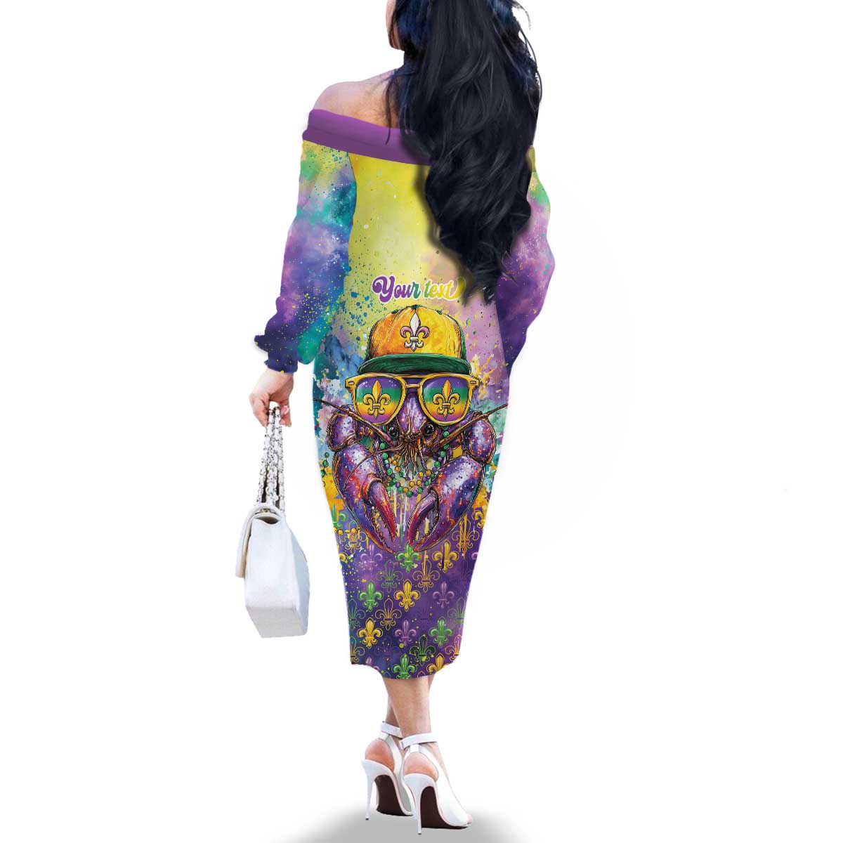 Mardi Gras Crawfish Personalized Family Matching Off The Shoulder Long Sleeve Dress and Hawaiian Shirt NOLA Fat Tuesday Drip Art - Wonder Print Shop