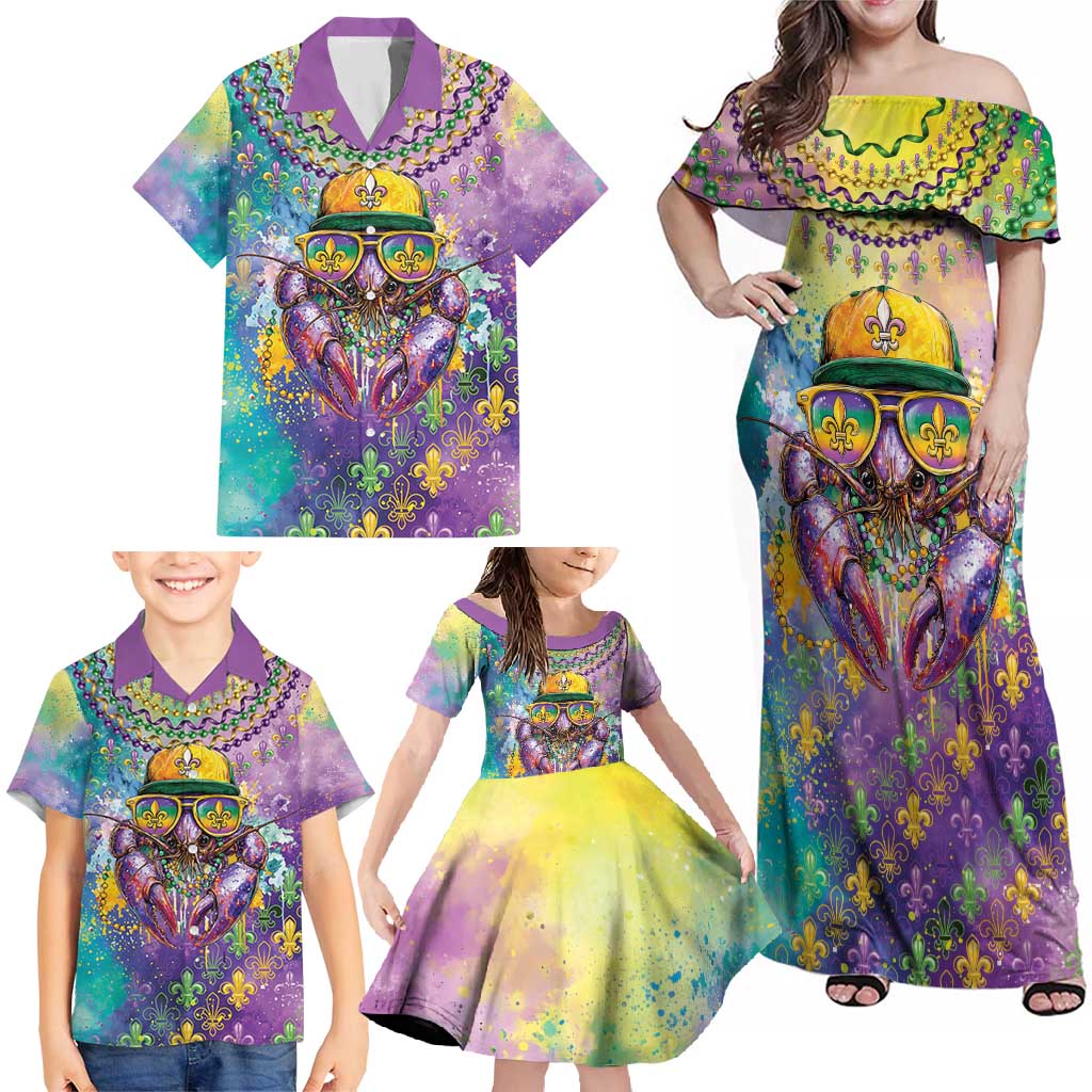 Mardi Gras Crawfish Personalized Family Matching Off Shoulder Maxi Dress and Hawaiian Shirt NOLA Fat Tuesday Drip Art - Wonder Print Shop