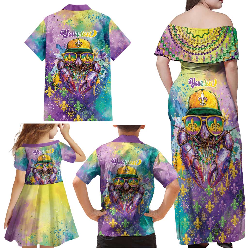 Mardi Gras Crawfish Personalized Family Matching Off Shoulder Maxi Dress and Hawaiian Shirt NOLA Fat Tuesday Drip Art - Wonder Print Shop