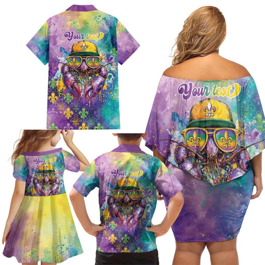 Mardi Gras Crawfish Personalized Family Matching Off Shoulder Short Dress and Hawaiian Shirt NOLA Fat Tuesday Drip Art - Wonder Print Shop